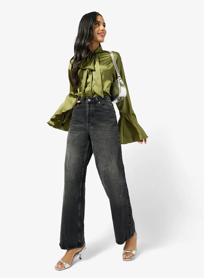 جينجر Button Down Shirt with Tie Up Scarf